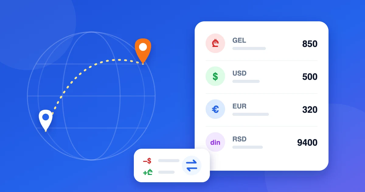 A relocation route on a globe next to accounts in GEL, USD, EUR and RSD and a currency exchange