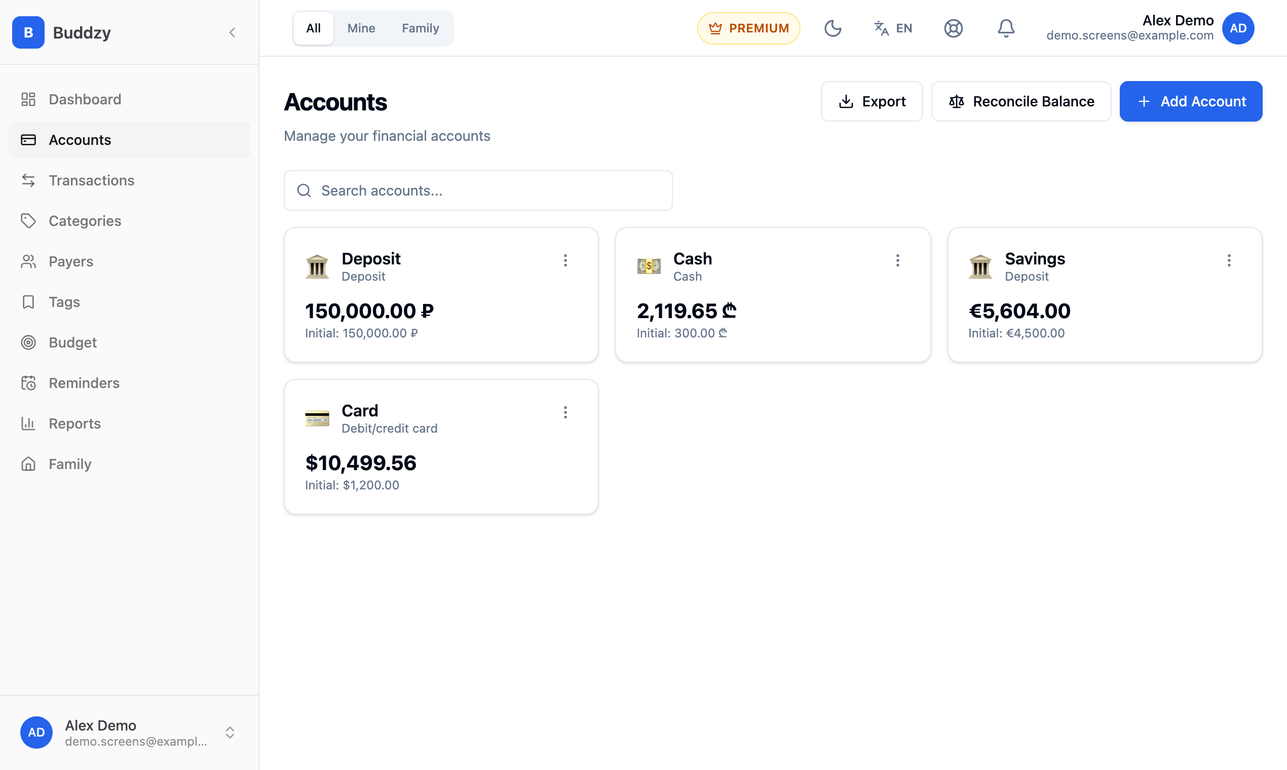 Buddzy accounts list: a card in US dollars, savings in euros, cash in Georgian lari and a deposit in roubles, each with its own balance