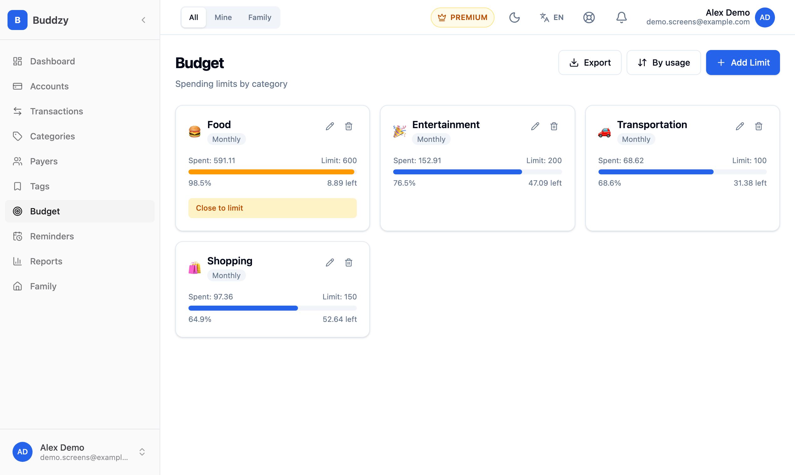 Monthly category budgets in Buddzy for food, entertainment, transport and shopping, with spent amount, limit and what is left